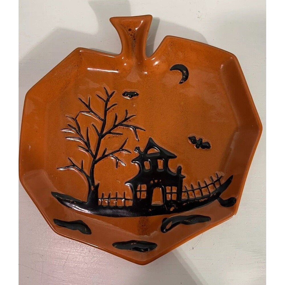 Pumpkin Ceramic Tray With Spooky Scene Haunted House Tree Halloween MCM